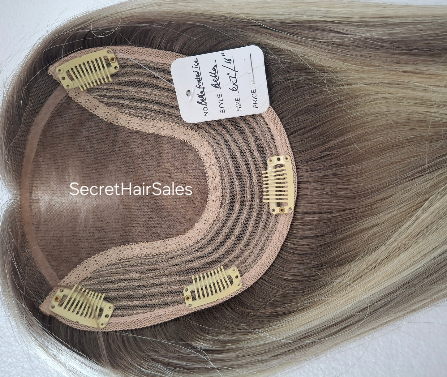 Bella lace front silk and weft base topper, 100% human hair, 6x7inch base, 16inches long, frosted fairytale
