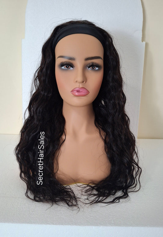 Vibe Cascade headband wig, 100% human Remy hair, fashion, quick and easy fashion wig, soft black water wave