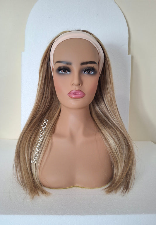 Vibe headband wig, 100% human Remy hair, fashion, quick and easy fashion wig, warm brown and blonde