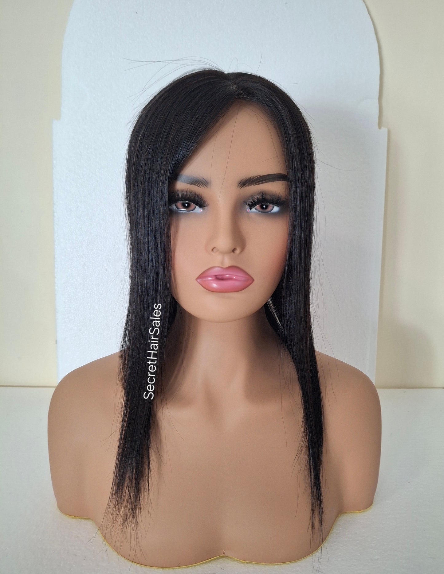 Mila silk topper, 100% human hair, 5.5x6 inch base, soft black 14 inches