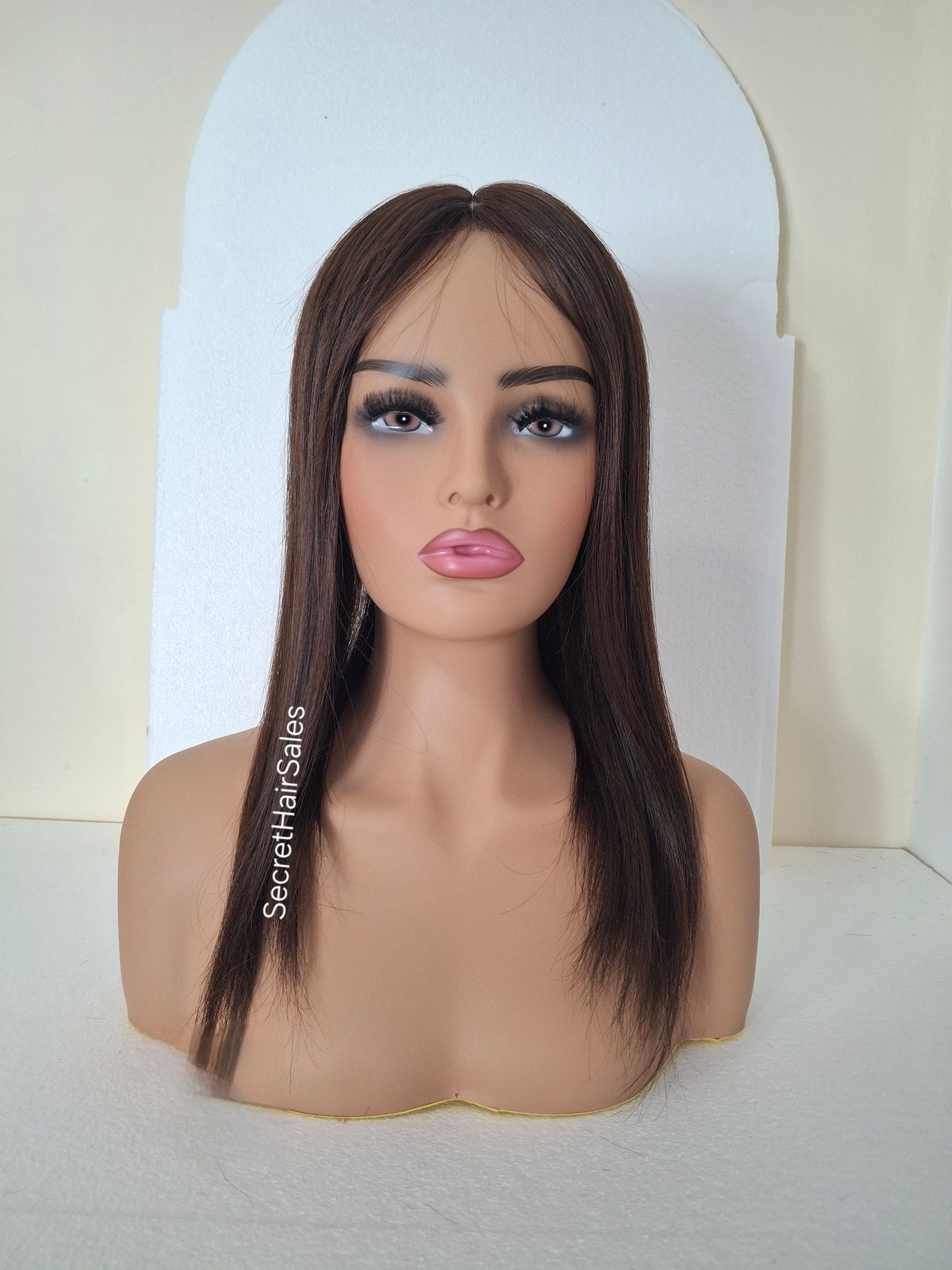 Bella lace front silk and weft base topper, 100% human hair, 6x7inch base, 16inches long, Americano