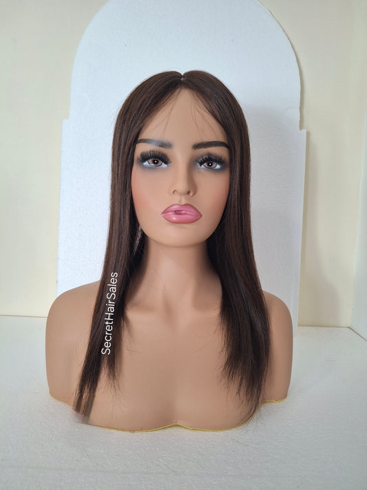 Bella lace front silk and weft base topper, 100% human hair, 6x7inch base, 16inches long, Americano