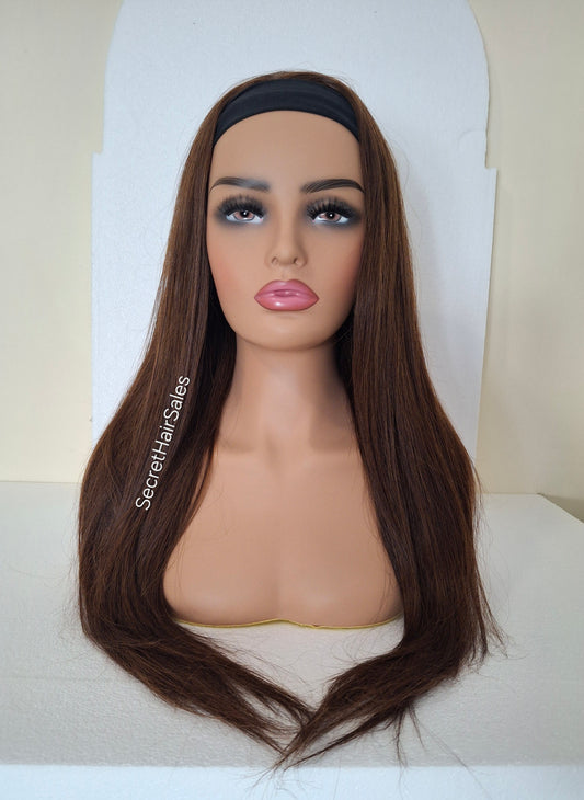 Vibe Cascade headband wig, 100% human Remy hair, fashion, quick and easy fashion wig, dark brown