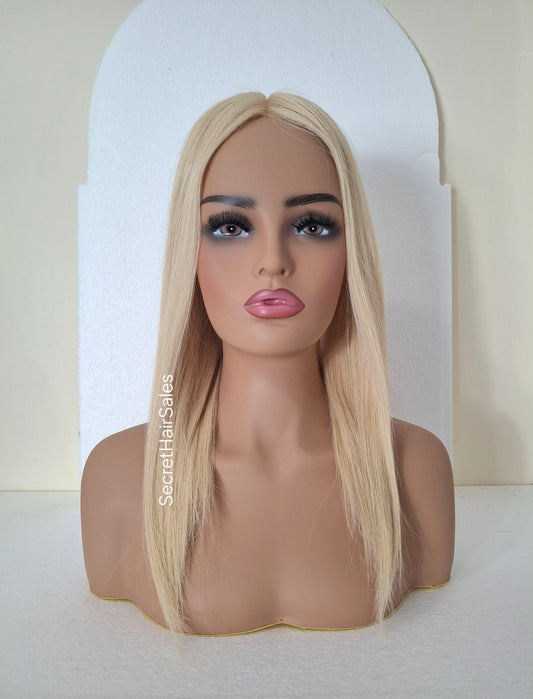 Bella lace front silk and weft base topper, 100% human hair, 6x7inch base, 16inches long, sunshine blonde