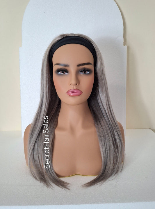 Vibe headband wig, 100% human Remy hair, fashion, quick and easy fashion wig, steel grey