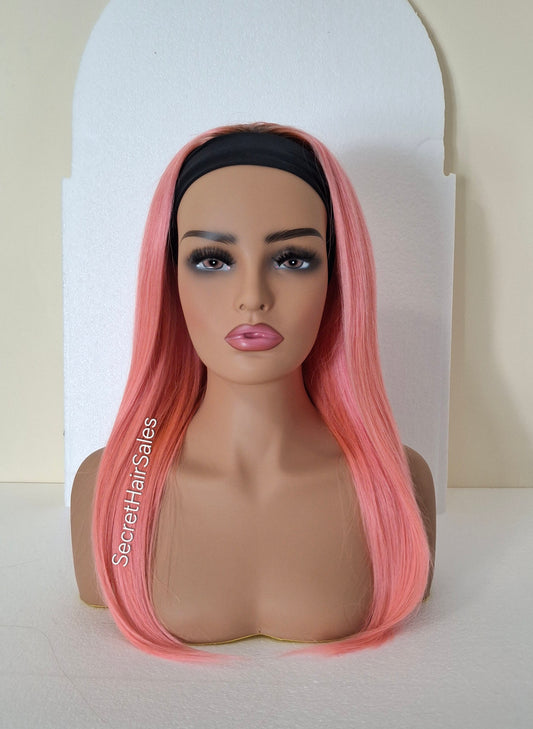 Vibe headband wig, 100% human Remy hair, fashion, quick and easy fashion wig, candy pink with root
