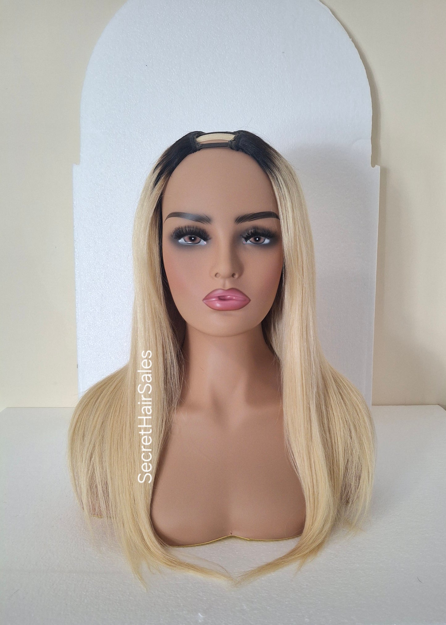 Grace U part wig, 100% human Remy hair, fashion, quick and easy fashion wig, light blonde dark root