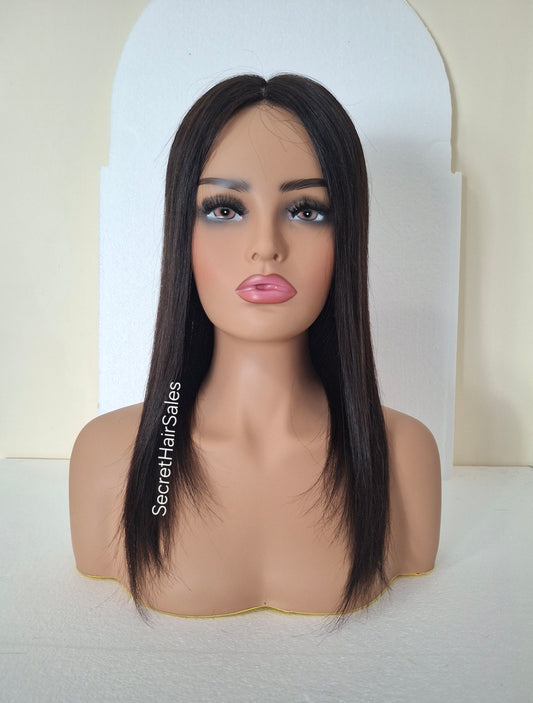 Bella lace front silk and weft base topper, 100% human hair, 6x7inch base, 16inches long, soft black