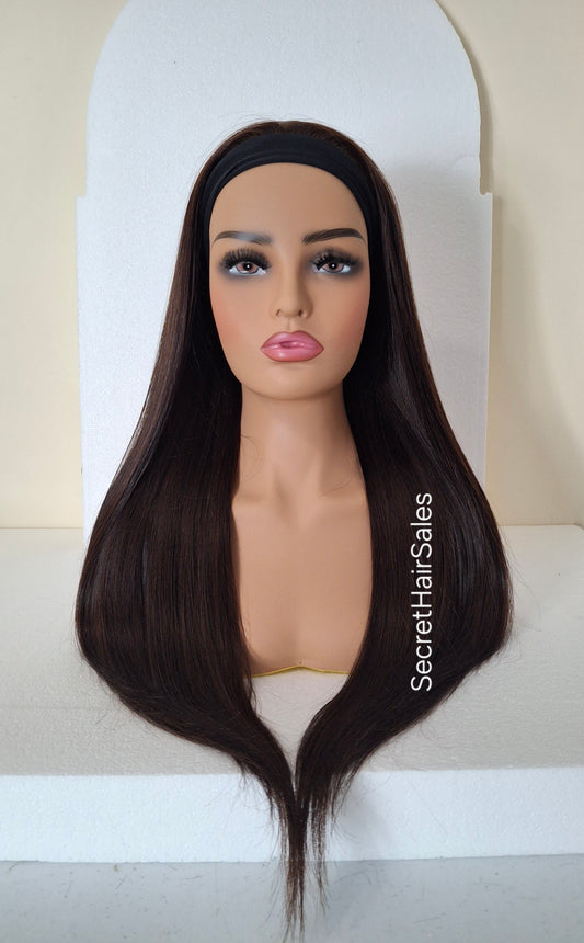 Vibe Cascade headband wig, 100% human Remy hair, fashion, quick and easy fashion wig, darkest brown