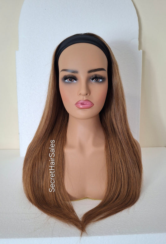 Vibe Cascade headband wig, 100% human Remy hair, fashion, quick and easy fashion wig, medium brown dark root