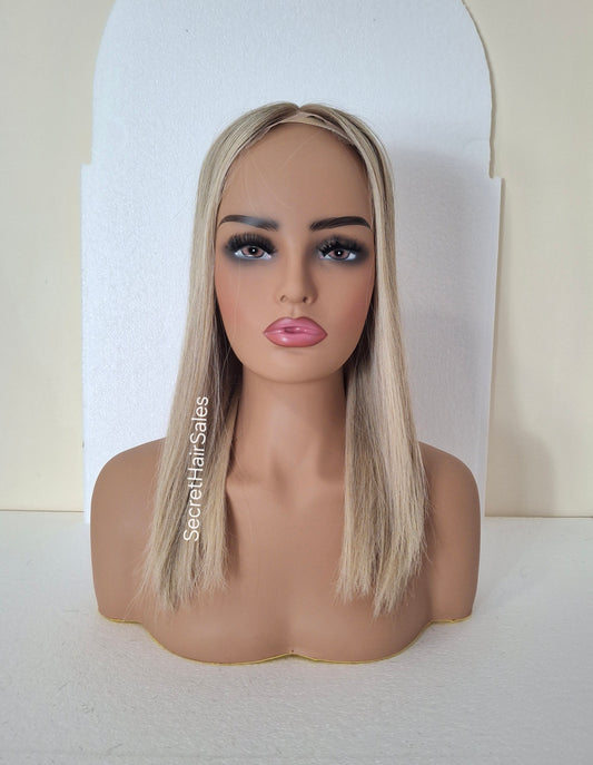 Callie hair topper, swiss lace closure 100% human hair, 14 inches long, vanilla ice