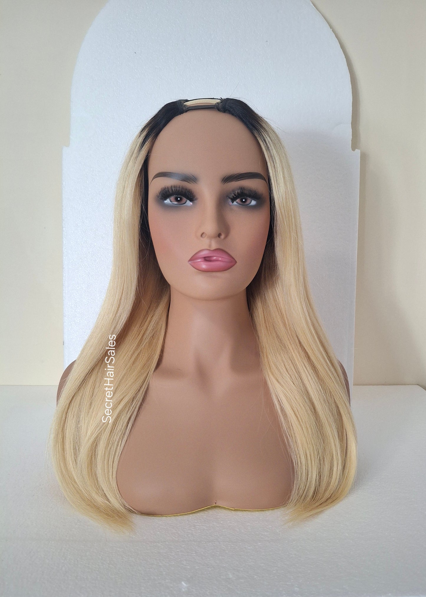 Grace U part wig, 100% human Remy hair, fashion, quick and easy fashion wig, light blonde dark root