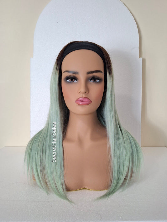 Vibe headband wig, 100% human Remy hair, fashion, quick and easy fashion wig, light mint with root
